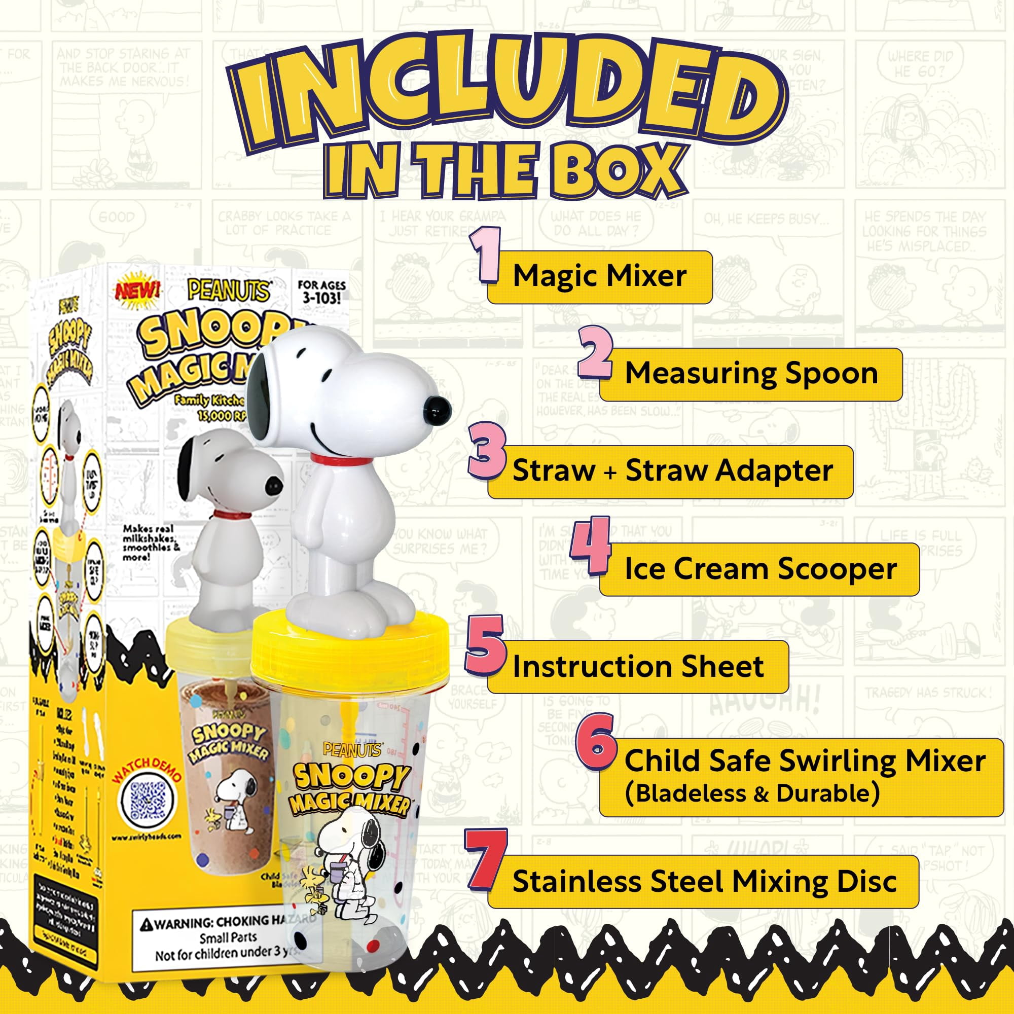 Peanuts Snoopy Magic Mixer® - Official Birthday Gift for Kids Ages 3-10 | Bladeless, Auto-Start, Hands-Free | Safe, Quiet, BPA-Free | Makes Chocolate Milk and Pudding.