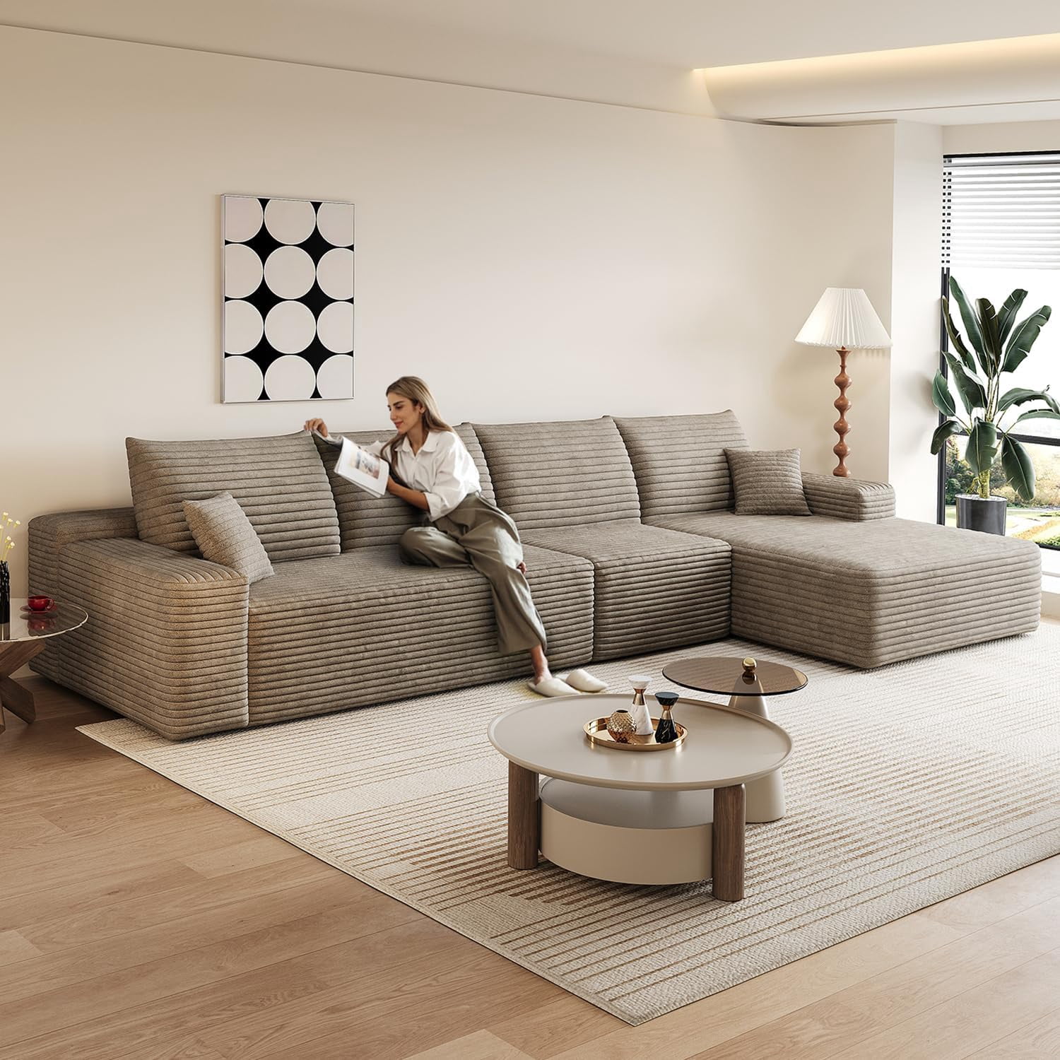 Sailvan 135" Cloud Sectional Couch, Cloudy Sofa with L-Shape Chaise, Upholstered Couches for Living Room & Bedroom, No Assembly Required, Plush Corduroy Fabric, Camel