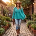 thumbnail image 6 of Trending Womens Clothes Dressy Casual Frayed Shirts V Neck Vintage Long Sleeve Gauze Blouses Raw Hem Beach Vacation Outfits XXL Green, 6 of 8