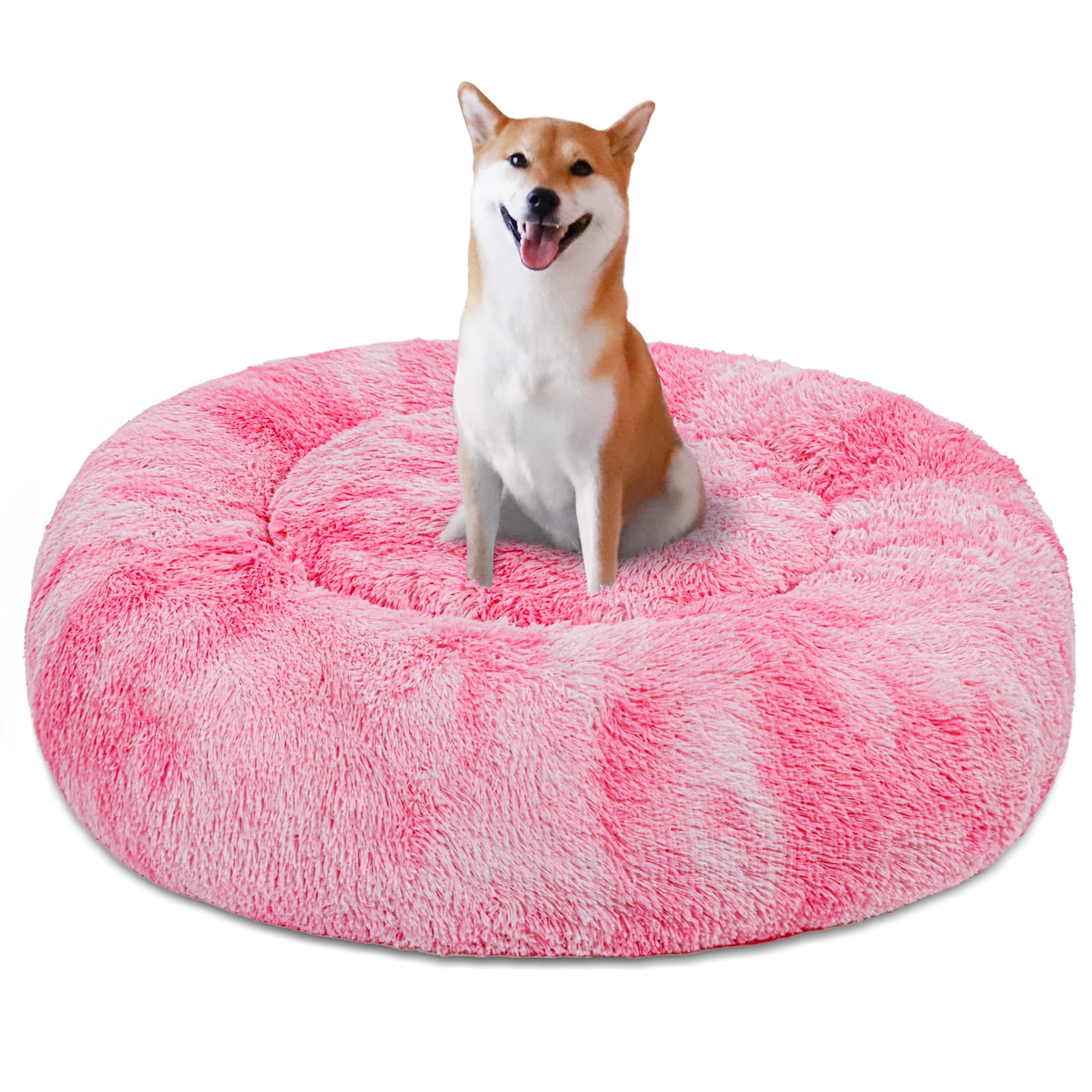 Exclusivo Mezcla Calming Donut Pet Bed for Medium Dogs 24", Anti-Anxiety Plush Cozy Warming Dog Bed, Gradient Pink
