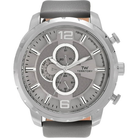 Territory Men's Stainless Steel Leather Round Chronograph Dial Strap Fashion Watch, Grey