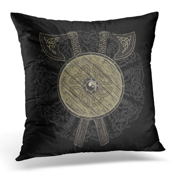 BOSDECO Black Odin Viking Design Crossed Battle Axes and Shield of with The Scandinavian Runes Ancient Pillowcase Pillow Cover Cushion Case 20x20 inch