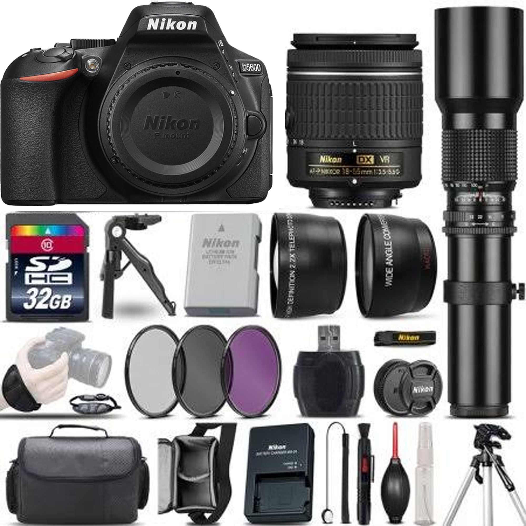 Nikon D5600 DSLR Camera + 1855mm VR + 500mm Lens + Filter Kit