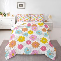 Homewish Cute Groovy Daisy Full Size Comforter Sets, Rustic Cartoon Flower Bedding Comforter Set, Teens Kids Boys Girls Reversible Bedding Sets, Luxury Bedroom Decor, 3 Pieces