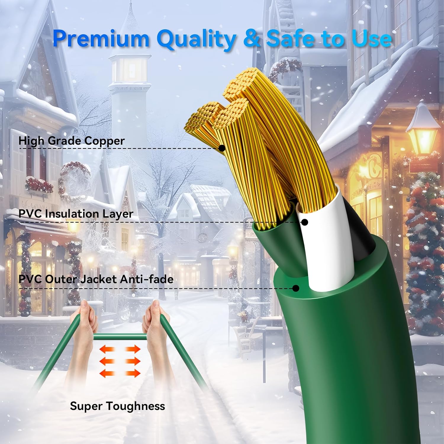 - 40 FT Christmas Lights Outdoor Extension Cord 1 to 3 Splitter, 3 Prong Outlets Plugs, 16AWG/3C SJTW Weatherproof Wire for Holiday Decoration Light, ETL Listed, Green