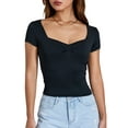 thumbnail image 2 of Women T-shirt, Low-cut Short Sleeve Pleated Solid Slim Fit Summer Tops for Casual Daily, 2 of 10