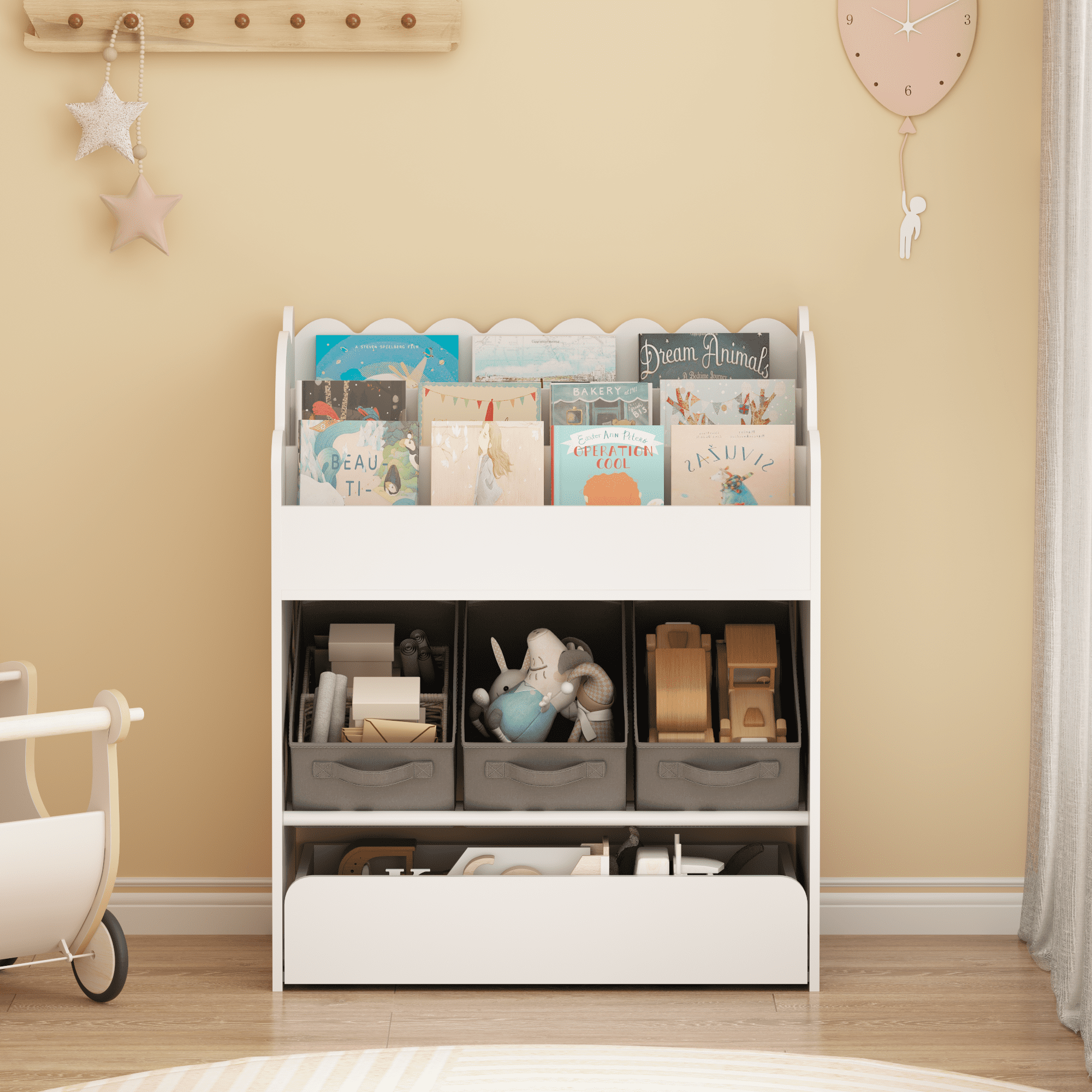 Leumius Kids Bin Storage and Bookcase,Multi-Functional Wooden Storage Organizer for Bedroom,Playroom,White