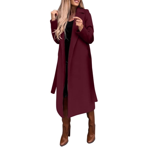 Women's Faux Wool Coat Blouse Thin Coats Trench Long Jacket Ladies Slim Long Belt Wine Red S