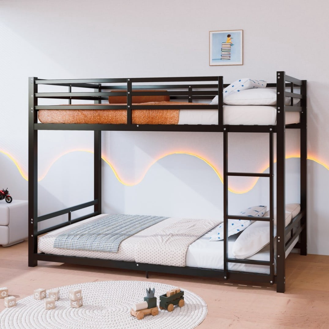 Twin Over Twin Metal Bunk Beds, Heavy Duty Bed Frame with Safety Guardrail & Ladder, 19 Bed Slats, Low Profile Bunk Bed for Kids & Adults, Matt Black