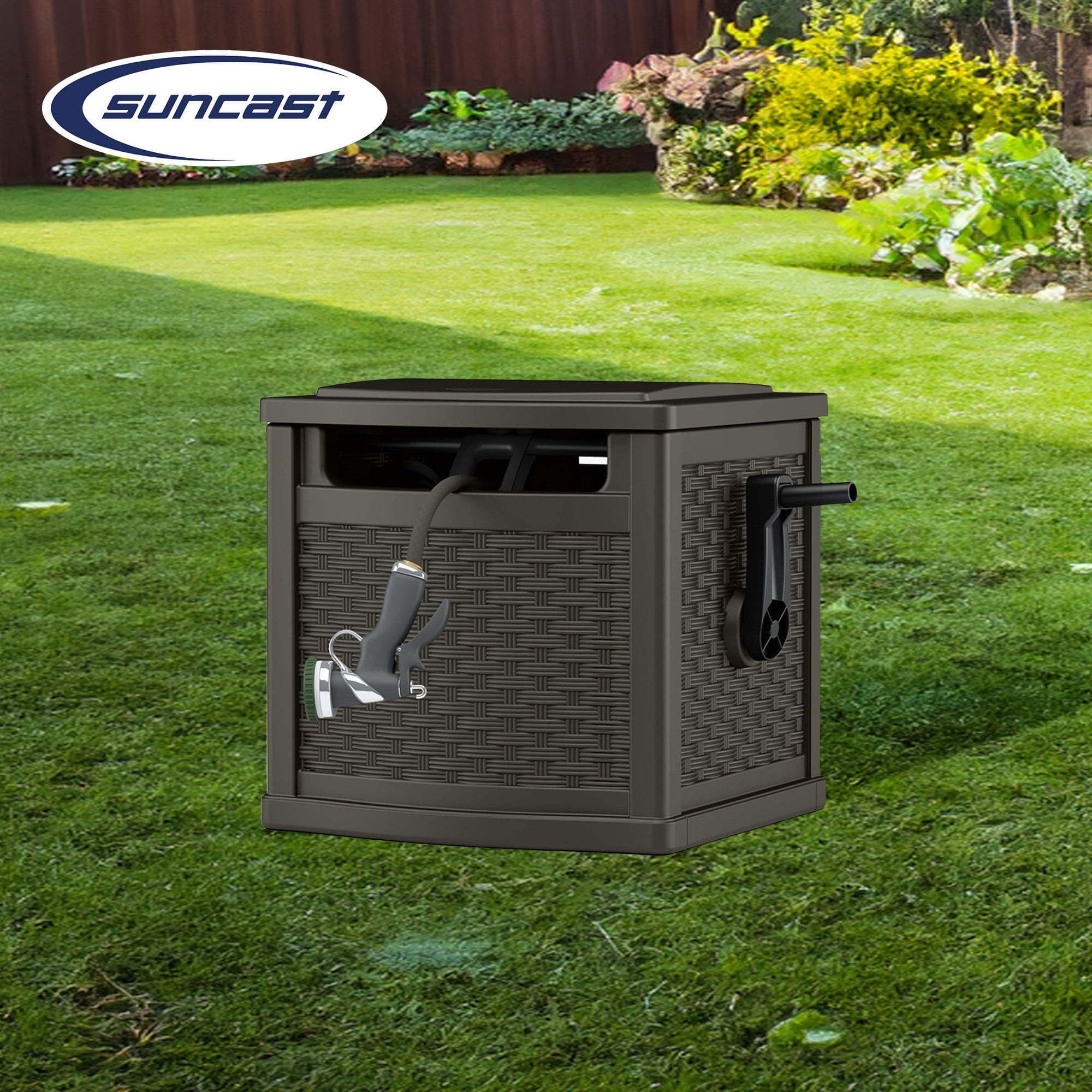 Suncast 150 Foot Slide Trak Outdoor Garden Water Hose Hideaway, Java