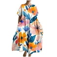 thumbnail image 2 of lcziwo Womens Dresses Linen Print Ruffle Short Sleeve Maxi Dress Casual Flowy Crew Neck Holiday Dress with Pockets Orange XXL, 2 of 5