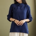 thumbnail image 2 of Women Spring Chinese Knot Button Blouses 2024 Fashion Stand Collar Cotton Linen Tops Casual Solid Loose Full Sleeves Shirts, 2 of 7