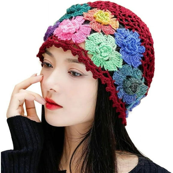 ZhangBaoLin Crochet Beanie Hat for Women Men Y2k Floral Boho Knitted Beanie Cotton Flower Patterned Slouchy Skull Cap Lace Head Wrap