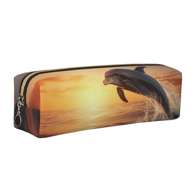 Fotbe Sunset Dancing Dolphin A Estuche para Lápices de Cuero con Estampado, Estuche con Cremallera Resistente, Organizador Compacto y Elegante para Papelería