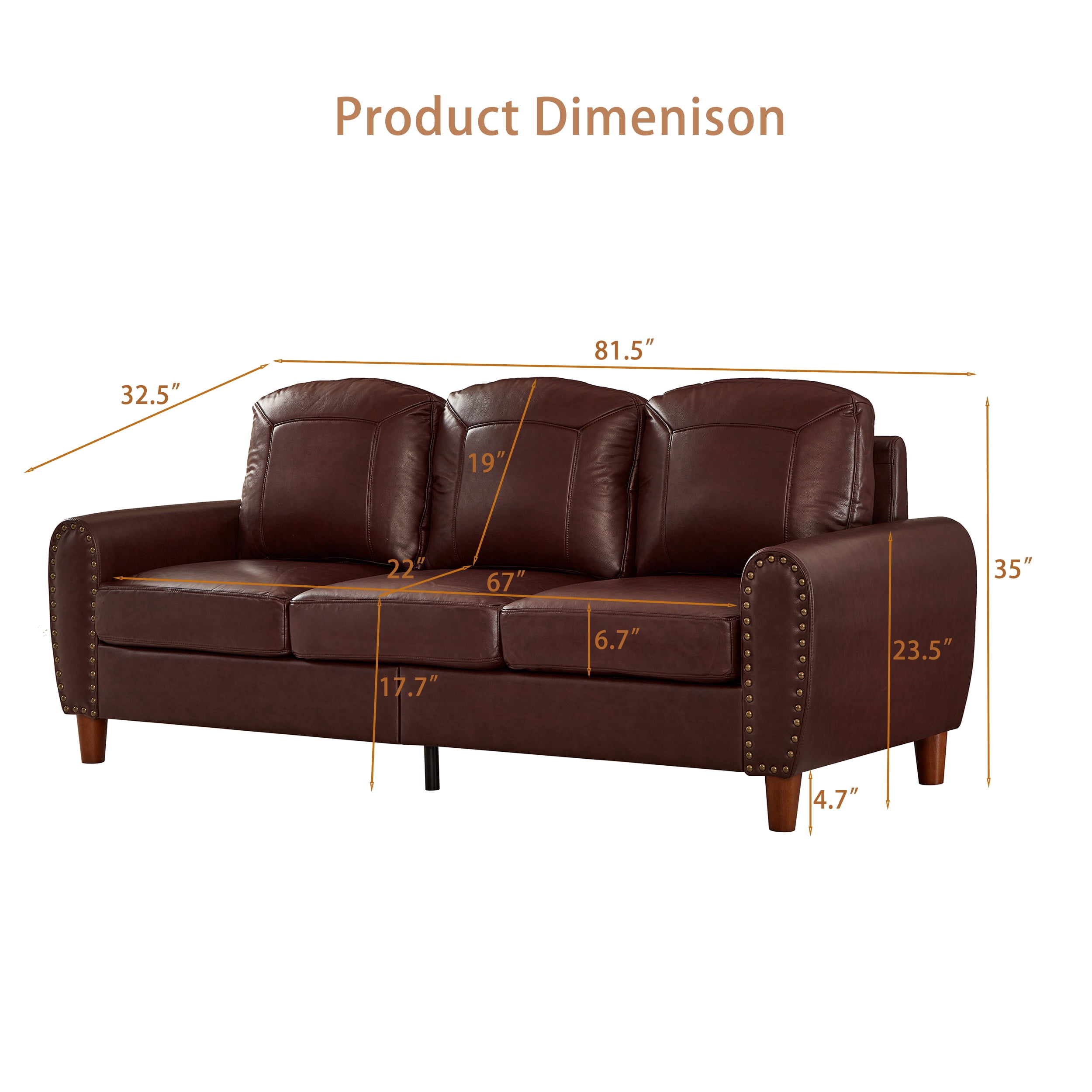 Mid-Century Modern Faux Leather 3-Seater Sofa,81.5"W Classic Rolled Arm Sofa Couch with Brass Nailhead Trim & Solid Wood Legs,Apartment,Living Room,Burgundy