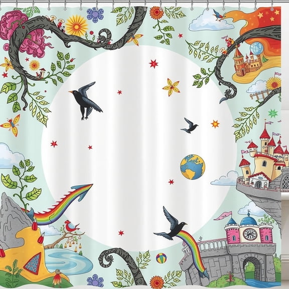 Whimsical Hand-Drawn Shower Curtain with Castle, Vines & Rainbow
