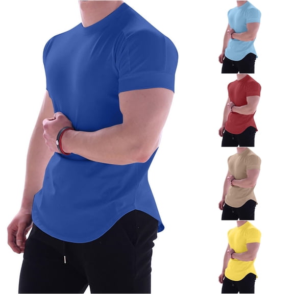 XIAOCHA Mens Solid Curved Hem T Shirt Crew Neck Short Sleeve Fitted Casual Tee