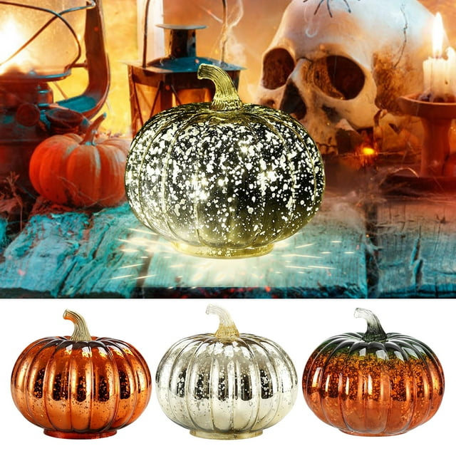 Musbetu Glass Pumpkin Light Battery Powered LED Light-up Pumpkin Lantern for Halloween Fall Thanksgiving Desk Decor