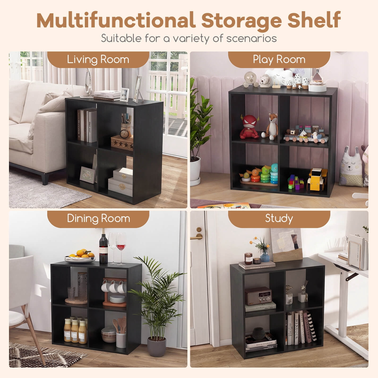 Costway 4-Cube Open Bookshelf with Anti-tip Kits Home Modern Style Storage Shelf for Study Black