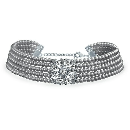 - Crystal Simulated Grey Pearl Choker Rhodium Plated Necklace 12 Inches