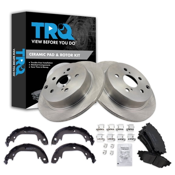 TRQ Rear Brake Pad & Rotor Kit Brake Pads Brake Rotor Parking Brake Shoe Set Ceramic Fits Select 2016-2019 Toyota Mirai 2012-2017 Prius V