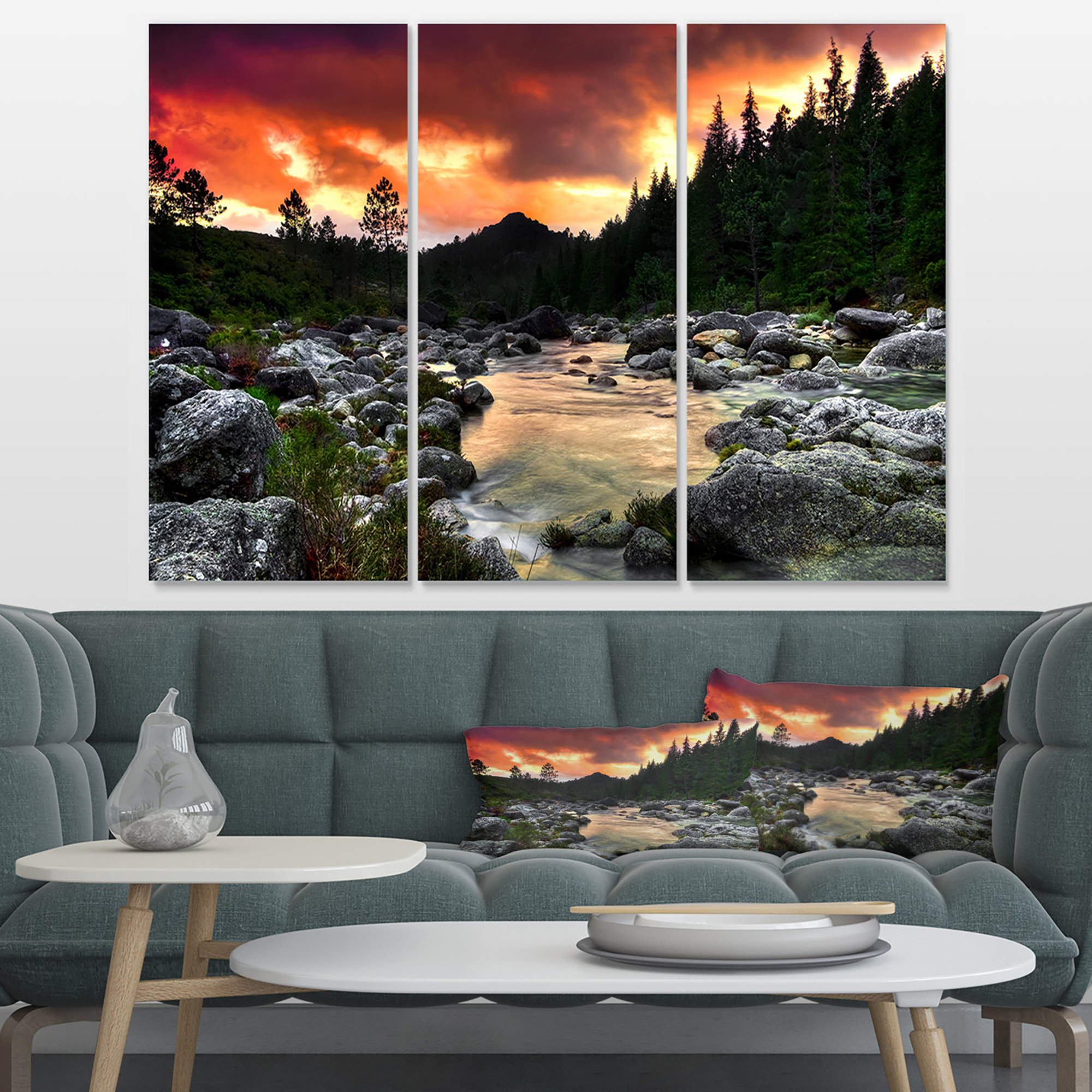 Designart 'Rocky Mountain River at Sunset ' Extra Large Wall Art Landscape