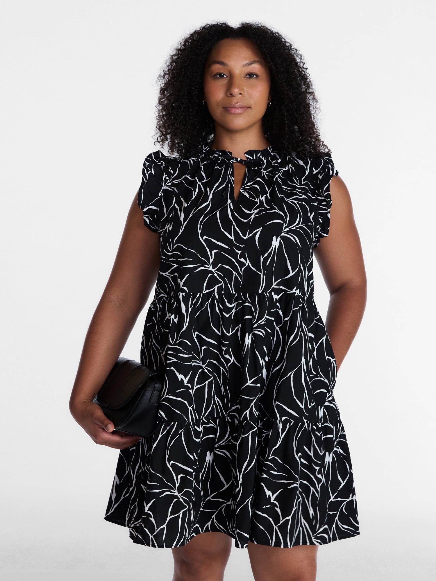 Time and Tru Women's and Women's Plus Tiered Cotton Mini Dress with Flutter Sleeves, Sizes XS-4X