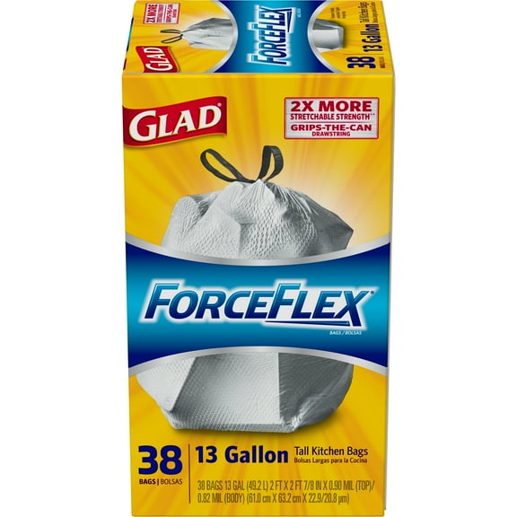 Glad ForceFlex Tall Kitchen Drawstring Trash Bags, Unscented, 13 gal, 38 ct