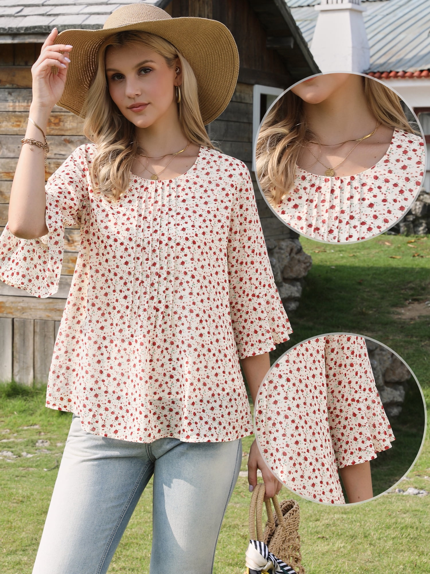 DARING DIVA Women's Chiffon Blouses Casual 3/4 Sleeve Ruffle Floral Top XS Beige