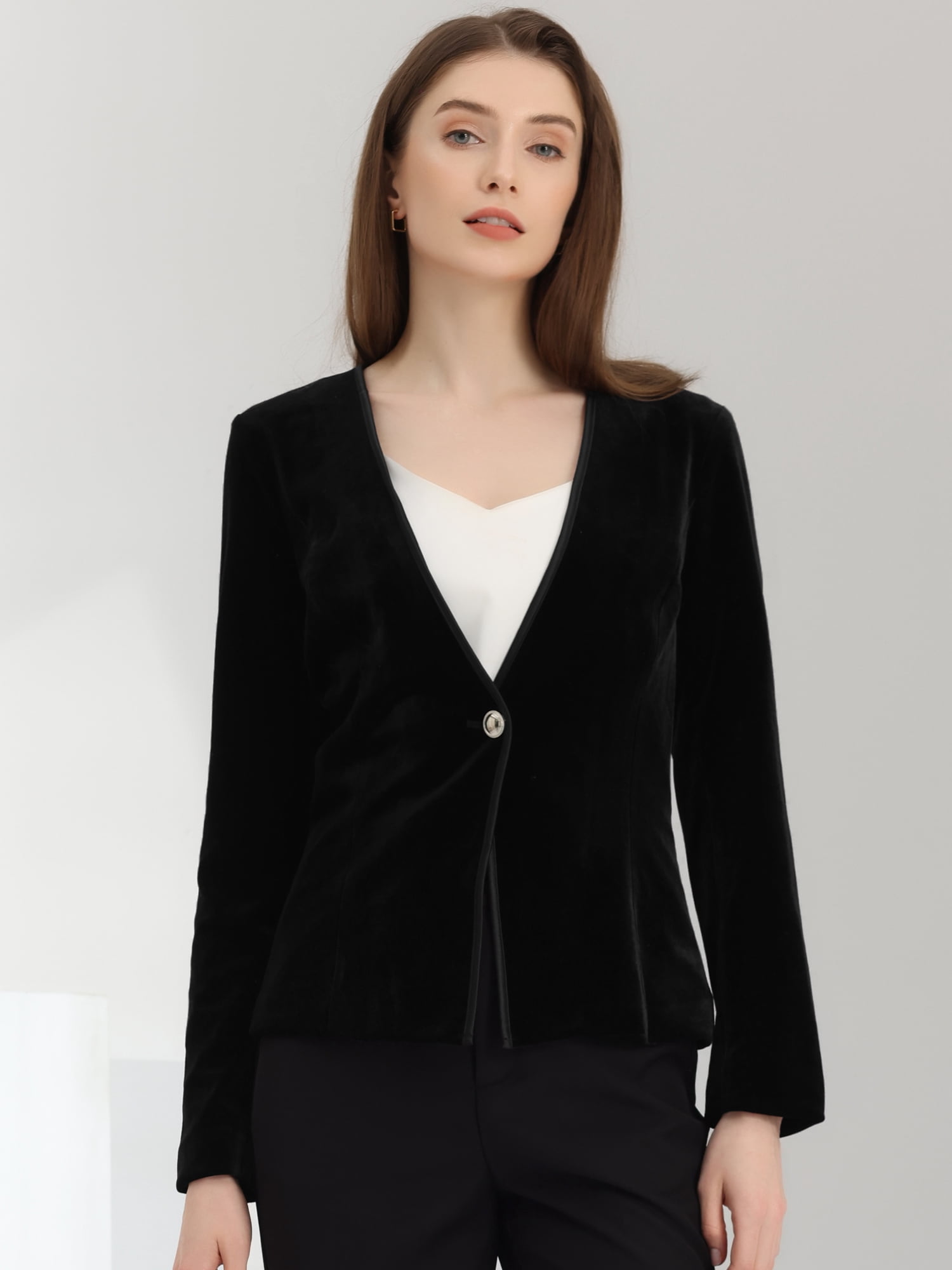DARING DIVA Women's Long Sleeve Office Collarless 1 Button Velvet Blazer M Black