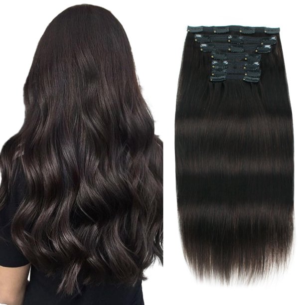 Lovrio Extensiones de cabello con clip de grado 9A, color negro, doble trama, cabello humano invisible grande y grueso para mujeres, 18 pulgadas, 120 g, 7 piezas, 18 clips