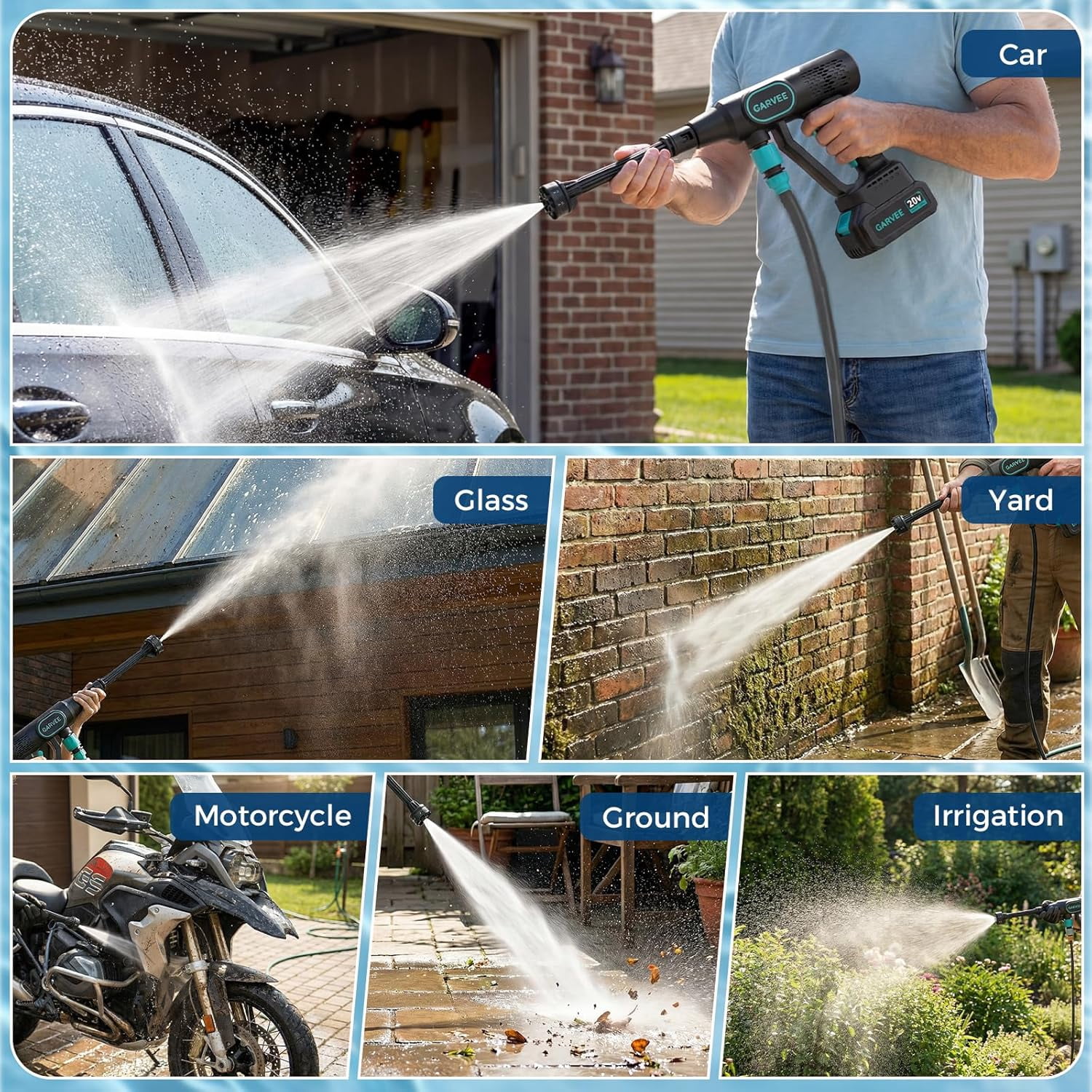 Pressure Washer Battery Powered Cordless with 6-in-1 Nozzle, 26FT High-Elastic Hose, 20 V Battery & Charger; Portable Handheld Cleaner for Home, Car, Garden