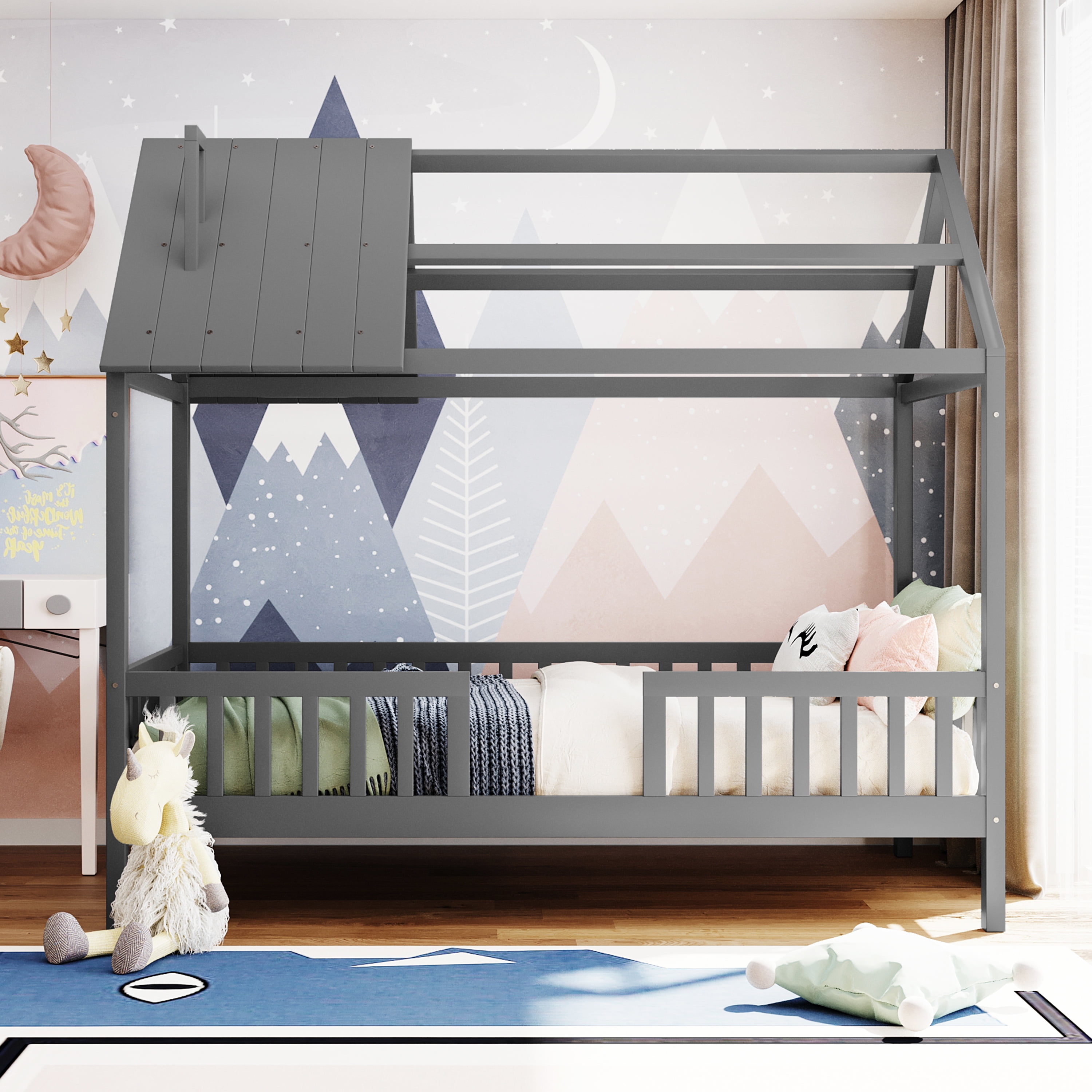 Aukfa Twin House Bed with Fence and Roof, Wood Montessori Bed for Kids, Teens - Gray