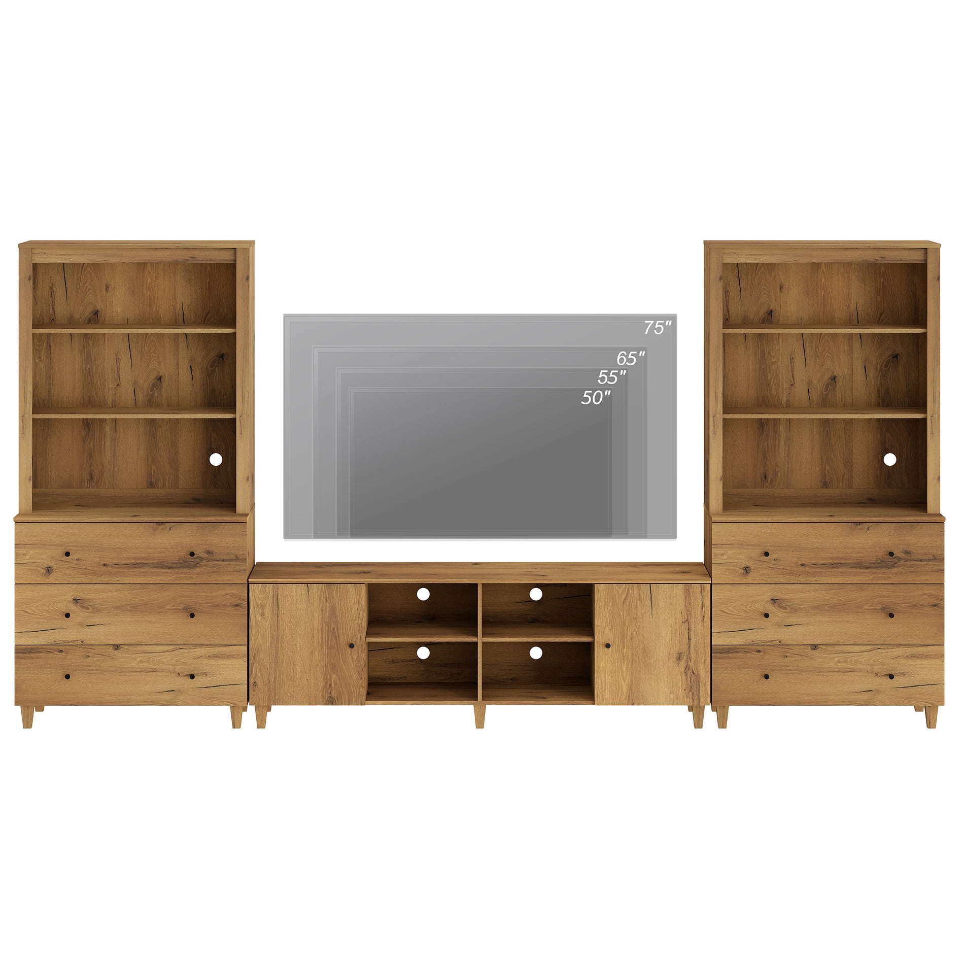 WAMPAT Modern TV Stand and Bookcase Set with Drawers & Cabinets, Oak Brown