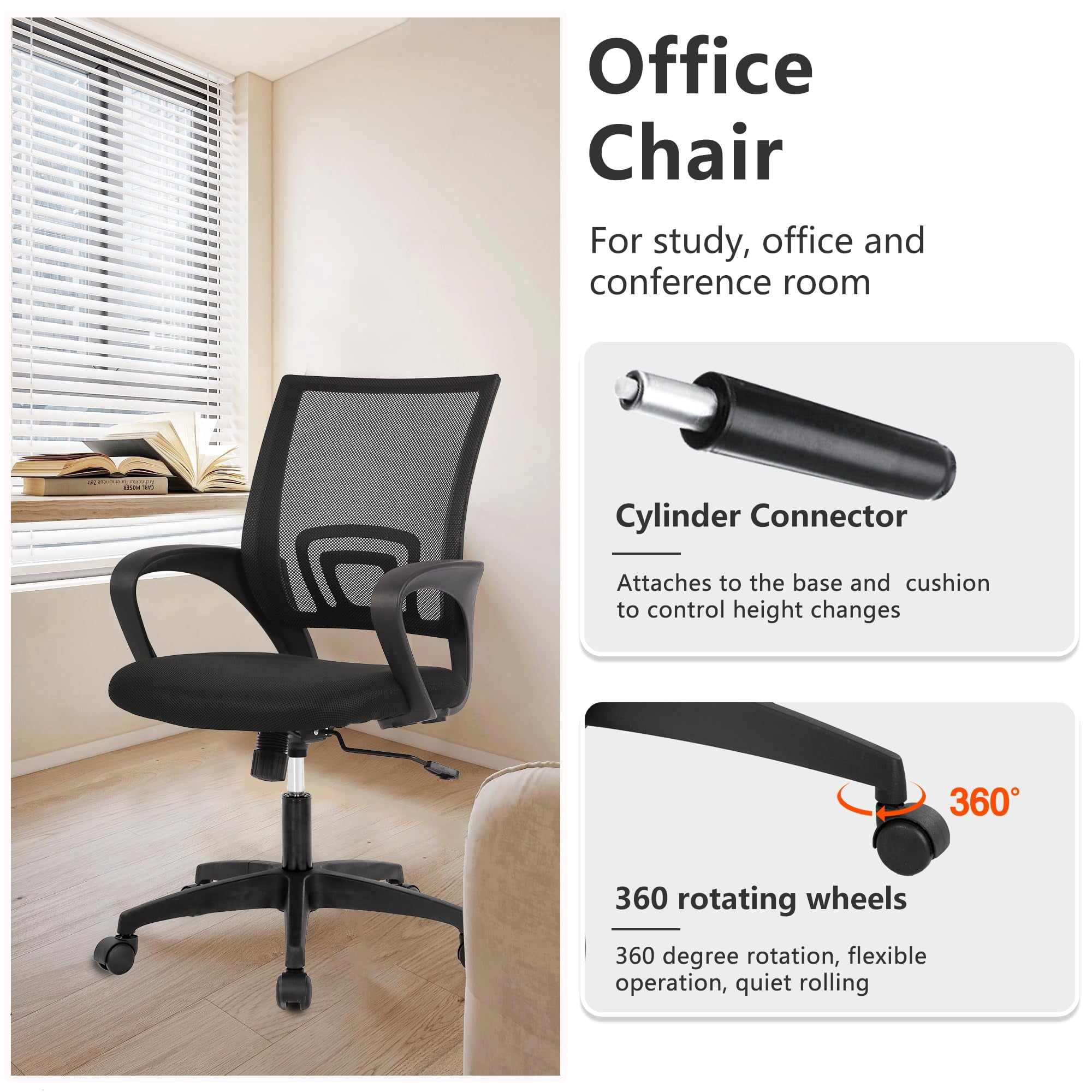 YRLLENSDAN Conference Room Chairs Mesh Office Chair with Wheels Rolling Desk Chair with Arms Mesh Computer Chair for 250lb Adults Study Chair Adjustable Height 2 Pack,Black