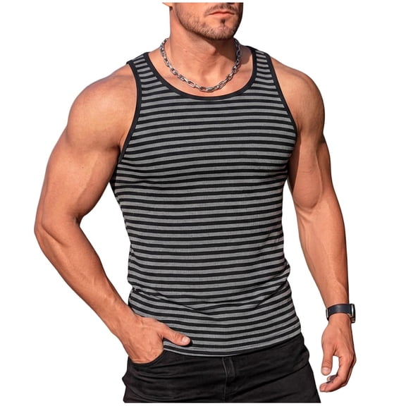 Mens Striped Tank Top Sleeveless Crew Neck Summer Casual Gym Running T-Shirt Muscle Tee Fathers Gift