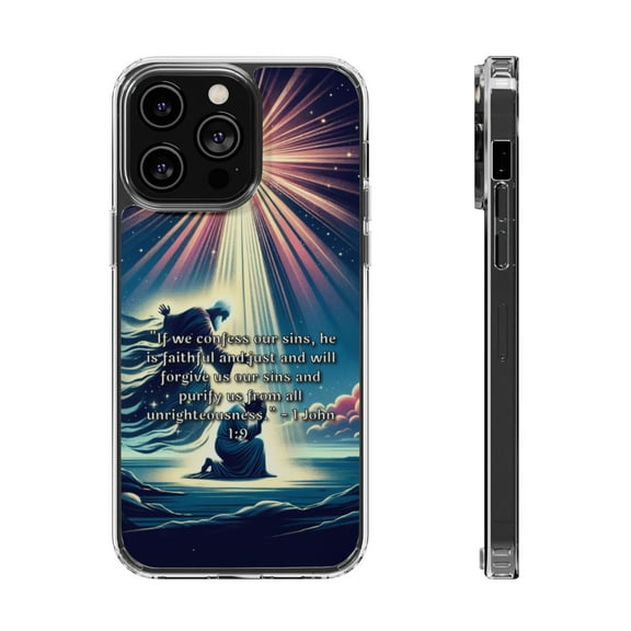 DistinctInk Hybrid (Acrylic / TPU) Clear Slim Fit Case for Apple iPhone 13 Pro MAX (6.7" Screen) - "Divine Forgiveness: 1 John 1:9 - Confession and Redemption"