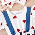 thumbnail image 4 of PatPat Baby Girl Clothes One-piece Heart Print Bodysuit with Headband Denim Suspender Style Ruffle Romper Outfit 12-18 Months, 4 of 8