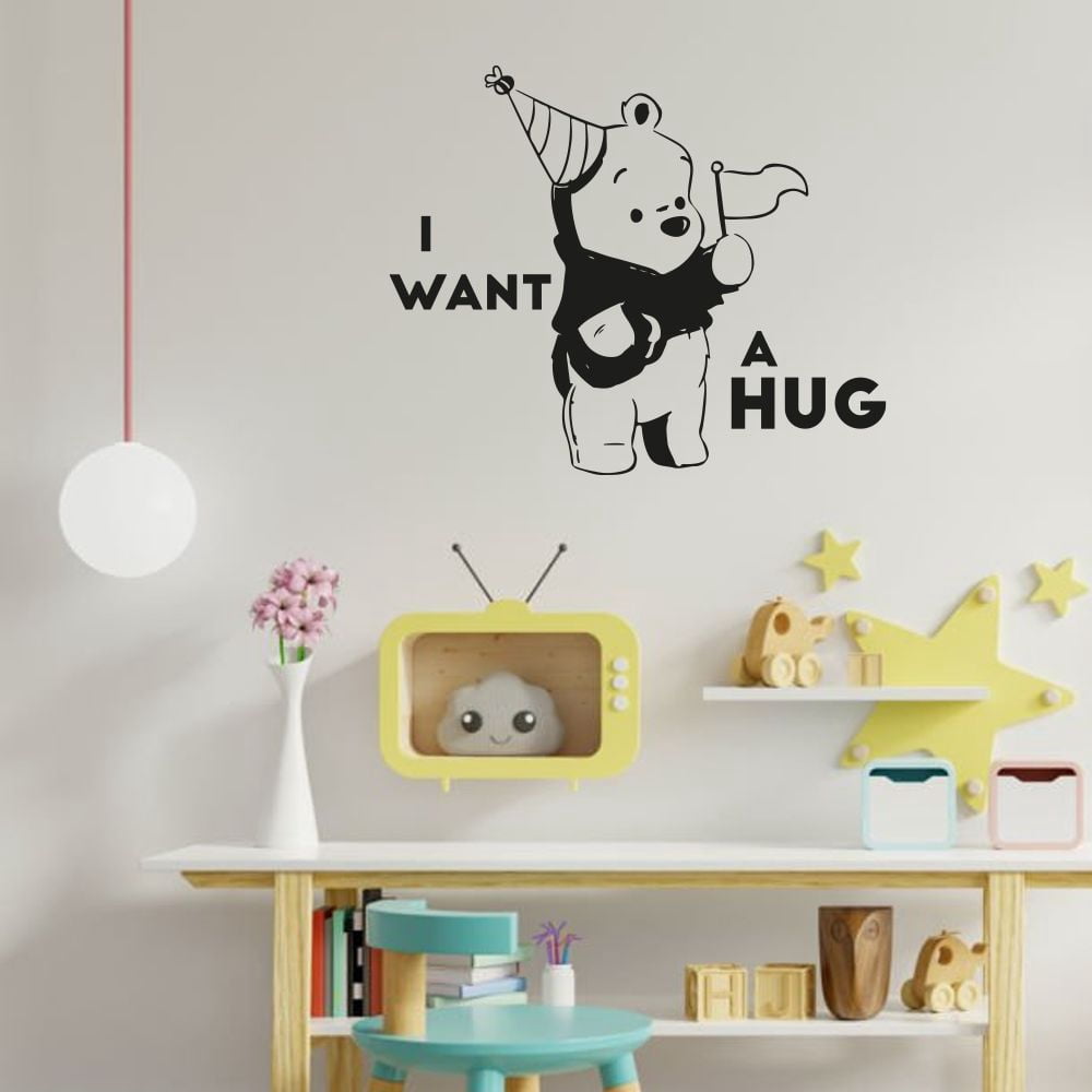 I Want A Hug Quotes Cute Baby Winnie The Pooh Sleepy Time Hugs Vinyl Wall Sticker Wall Decal Wall Art Décor Home Room Kids Room Boys Girls Room Pooh Lover Living Room Decoration Size (22x30 inch)