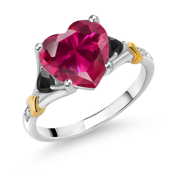 Gem Stone King 925 Silver and 10K Yellow Gold Red Created Ruby and Black Onyx and White Diamond Engagement Ring for Women | 4.26 Cttw | Heart Shape 10MM | Gemstone July Birthstone | Size 9