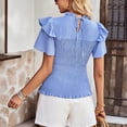 thumbnail image 4 of YYDGH Women's Mock Neck Ruffle Short Sleeve Shirred tops Summer Solid Smocked Peplum Hem Slim Fit T-Shirts Blue S, 4 of 8