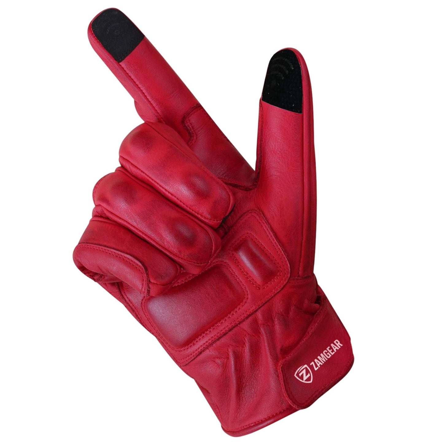 Motorcycle Leather Gloves With Reinforced Knuckles, Full Finger, Touchscreen Finger Tips, Red ZAMGEAR