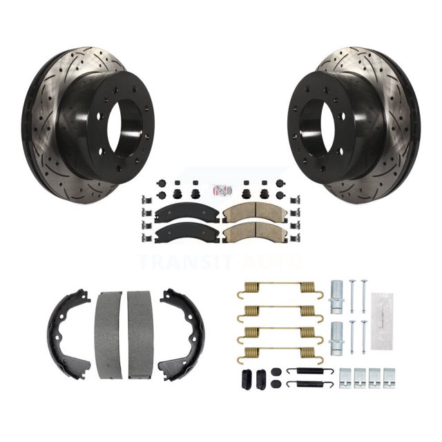 Transit Auto Rear Disc Drilled & Slotted Rotors Ceramic Pads Parking Brake Shoes and Hardware Kit for Car 2013-2015 GMC Sierra 2500 HD Chevrolet Silverado with Pin Clip Type KDA-103748