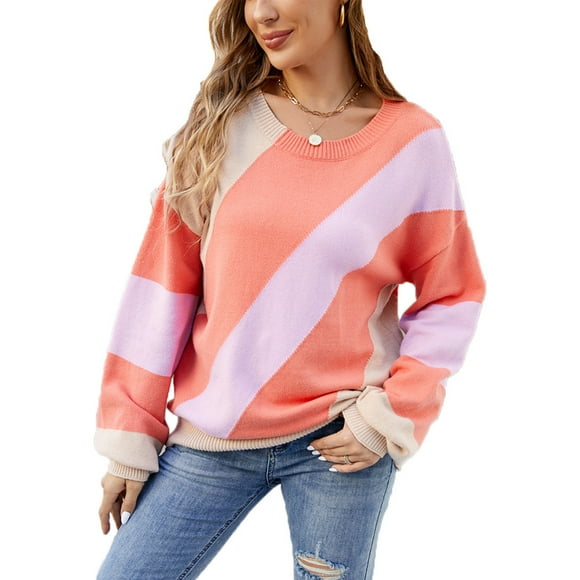 HAiming Womens Winter Color Block Sweater Casual Loose Round Neck Knit Shirts 2025 Trendy Long Sleeve Basic Blouse