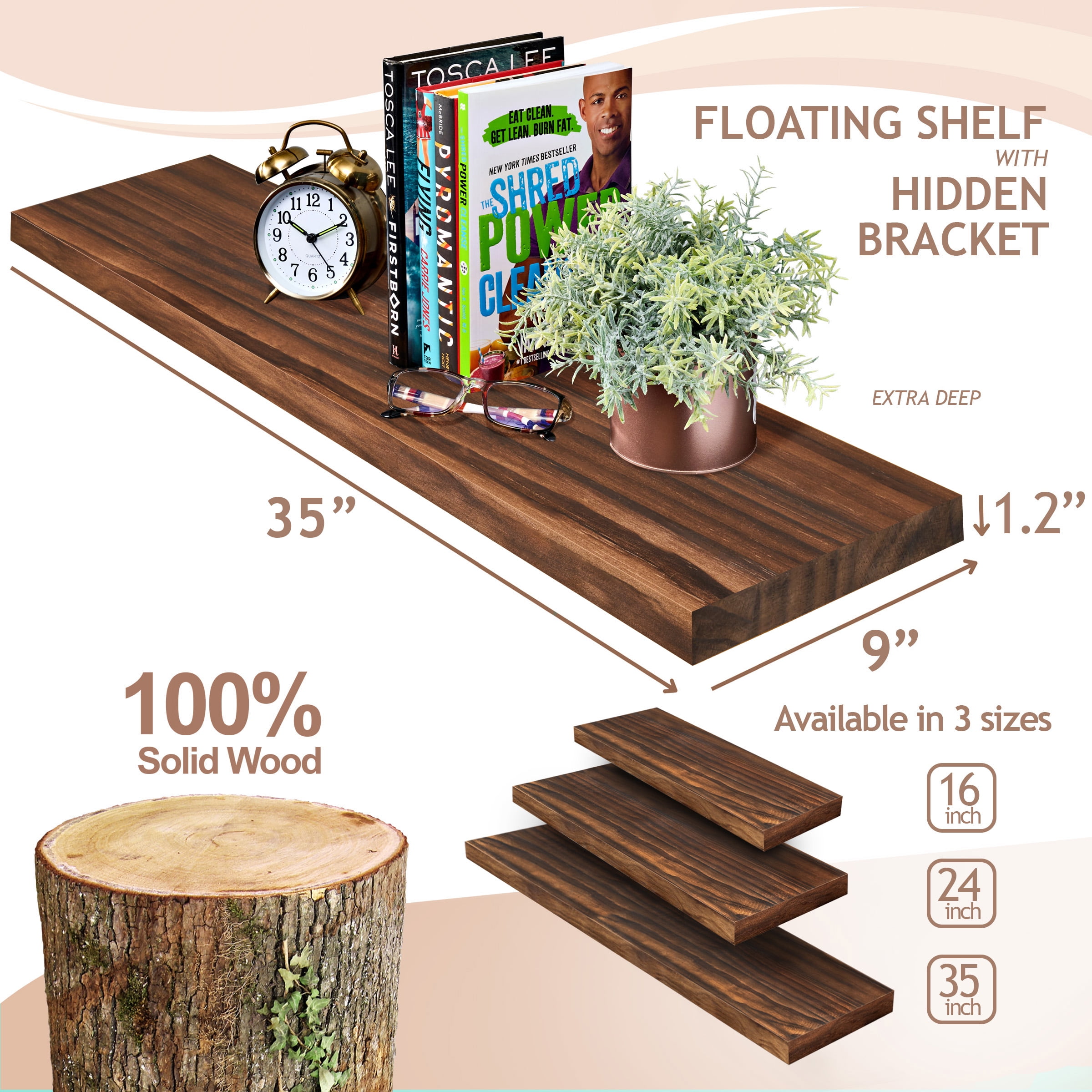 Sorbus 2-Pack Solid Wood Floating Shelves, 35 in, Brown, Wall-Mounted Storage