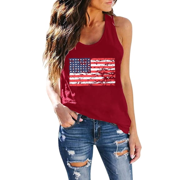 Tank Tops For Women Casual Flag Printing Independence Day Vest Round Neck Tank Sleeveless Breathable Elastic Camisole Tops For Women