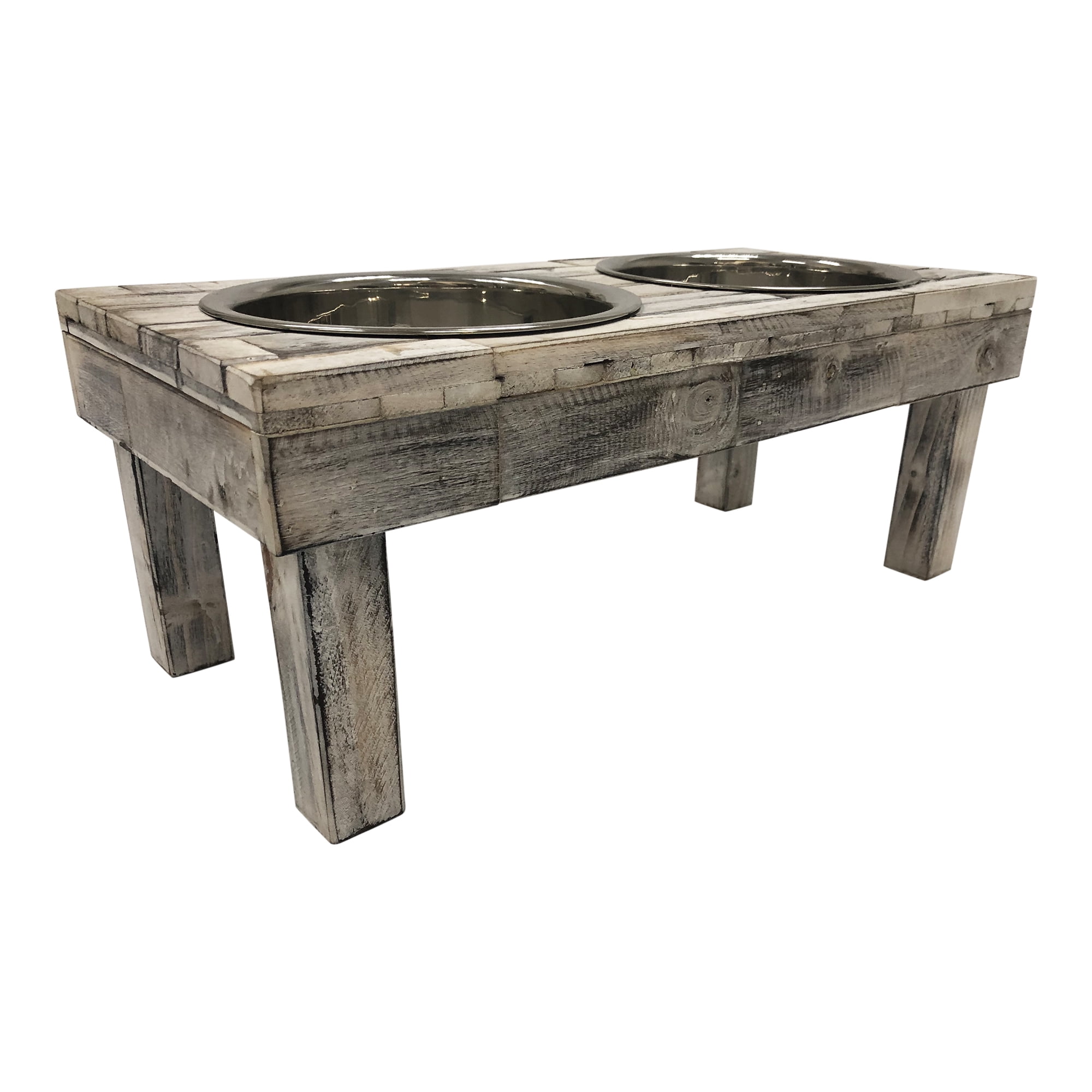 Huntley Pet Berjen Table Elevated Double Bowl Pet Feeder, White Wash (Small)