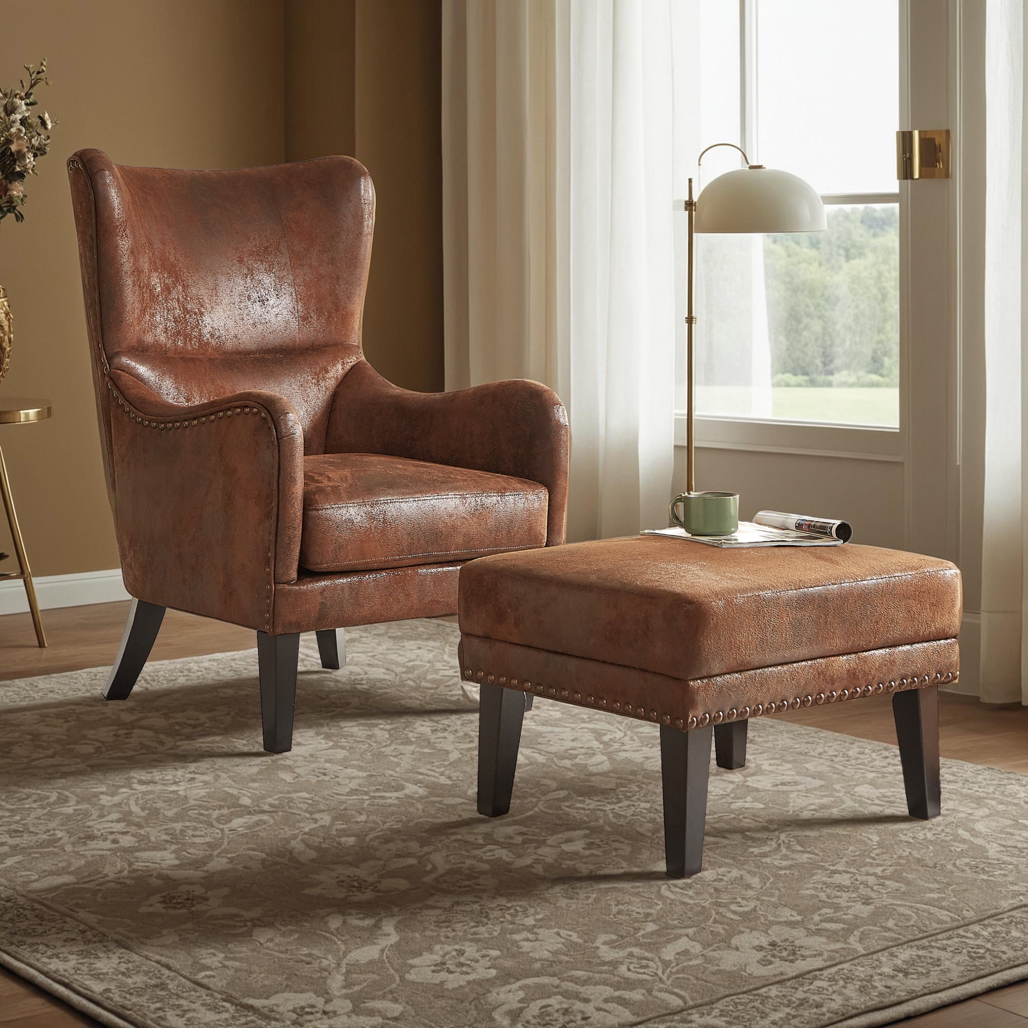 AmoDwell Ottoman Foot Rest for Sofa Chair Couch, Faux Leather Ottoman with Nailhead Trim and Cushion