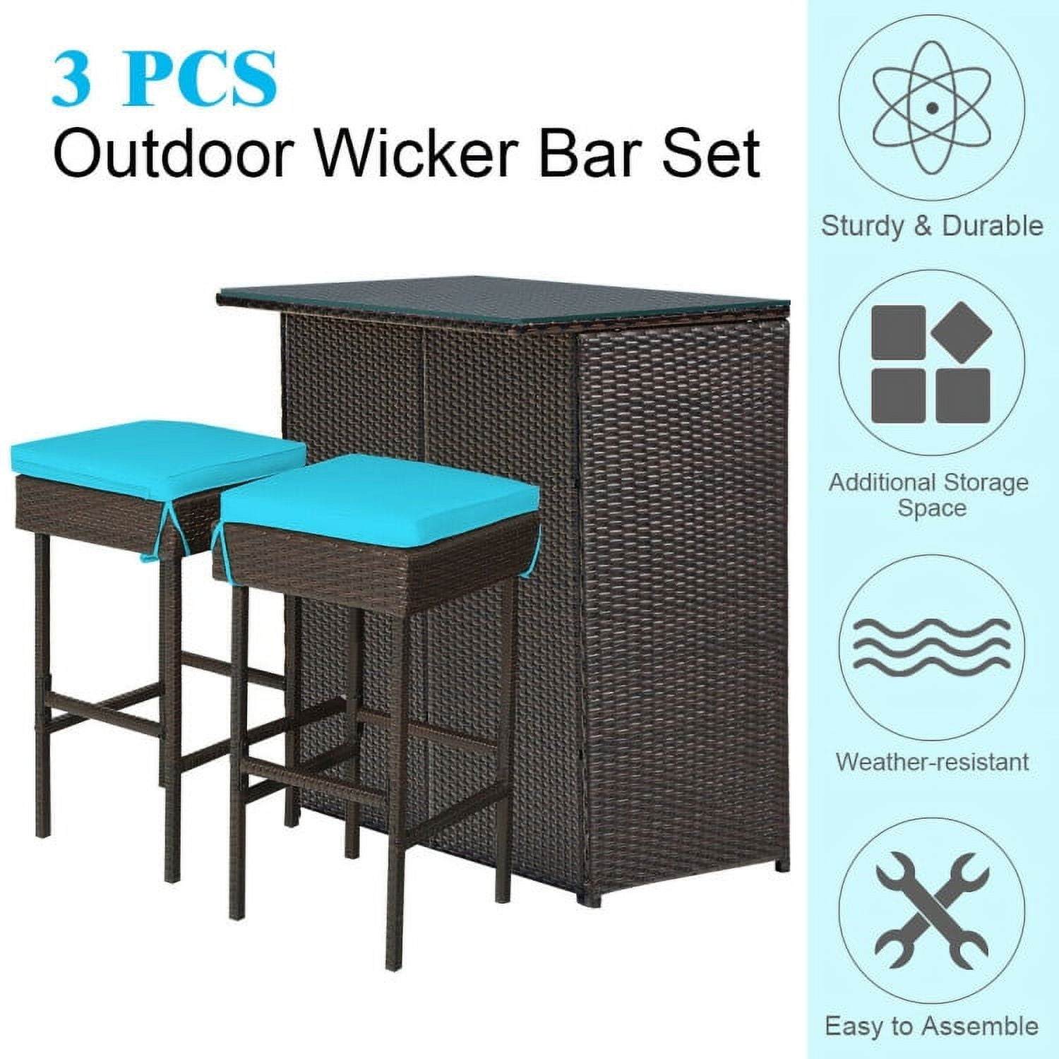 Aimee Lii 3PCS Patio Rattan Wicker Bar Table Stools Dining Set, Outdoor Patio Furniture, Turquoise Aimee Lii 3PCS Patio Rattan Wicker Bar Table Stools Dining Set, Outdoor Patio Furniture, Turquoise