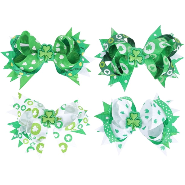 KAKOWELY 4 horquillas para el pelo para niños con lazo y lazo de trébol verde